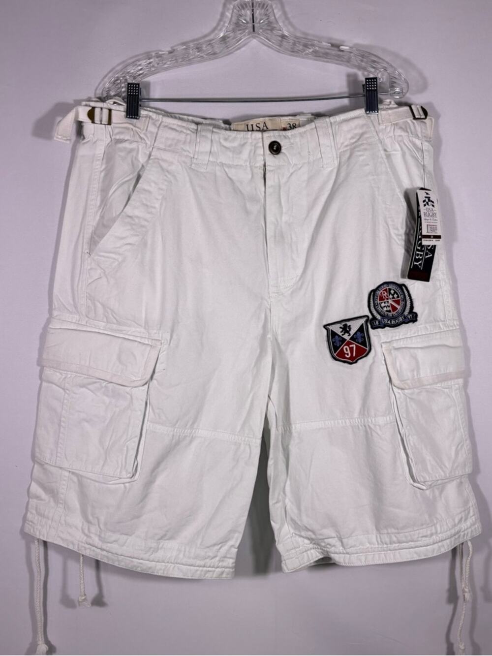 NWT USA Rugby Men's White Cargo Utility Shorts Signature Patch Size 38X38 T9
